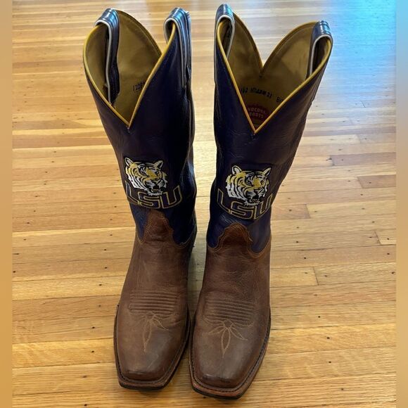 LSU Louisiana State Tigers Nocona Men’s Leather Cowboy Boots Purple Shaft 8 1/2D